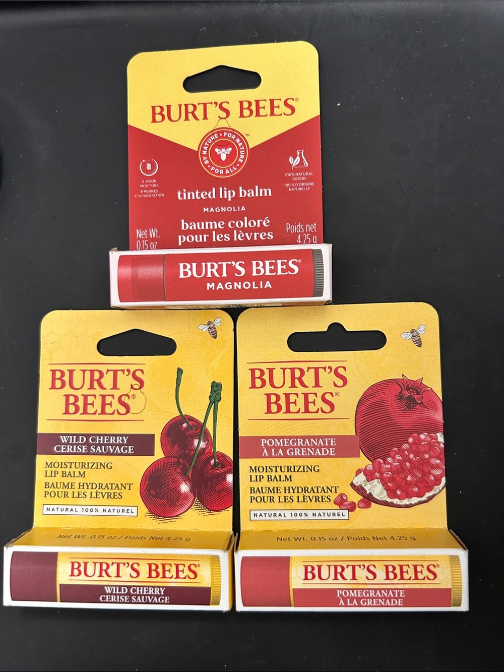 NWT 🆕 Burt's Bees THREE Lip Balms/ Magnolia (Tinted), Pomegranate, Wild Cherry